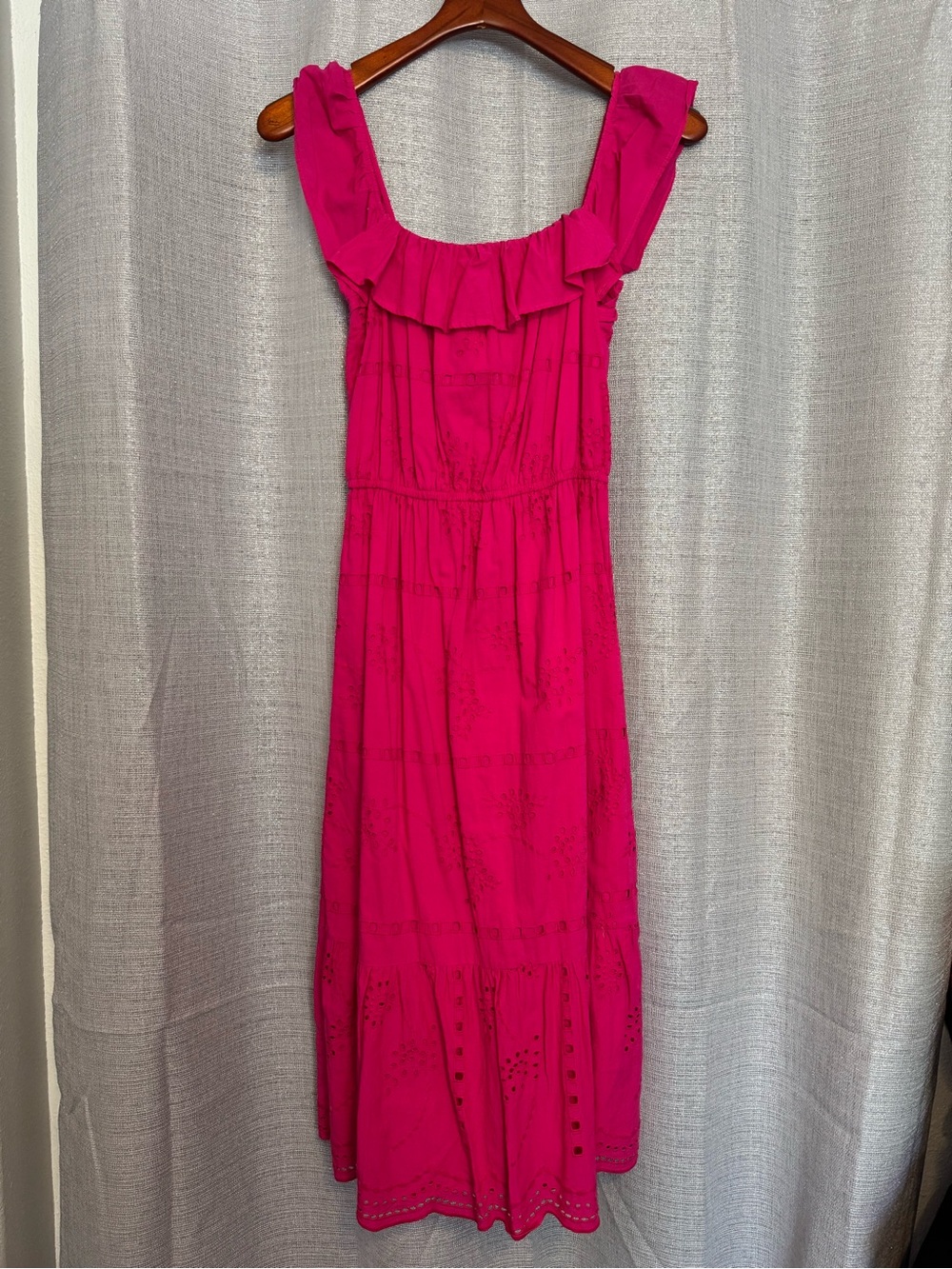Bright Fuchsia Sleeveless Ruffle-Detail Eyelet Dress